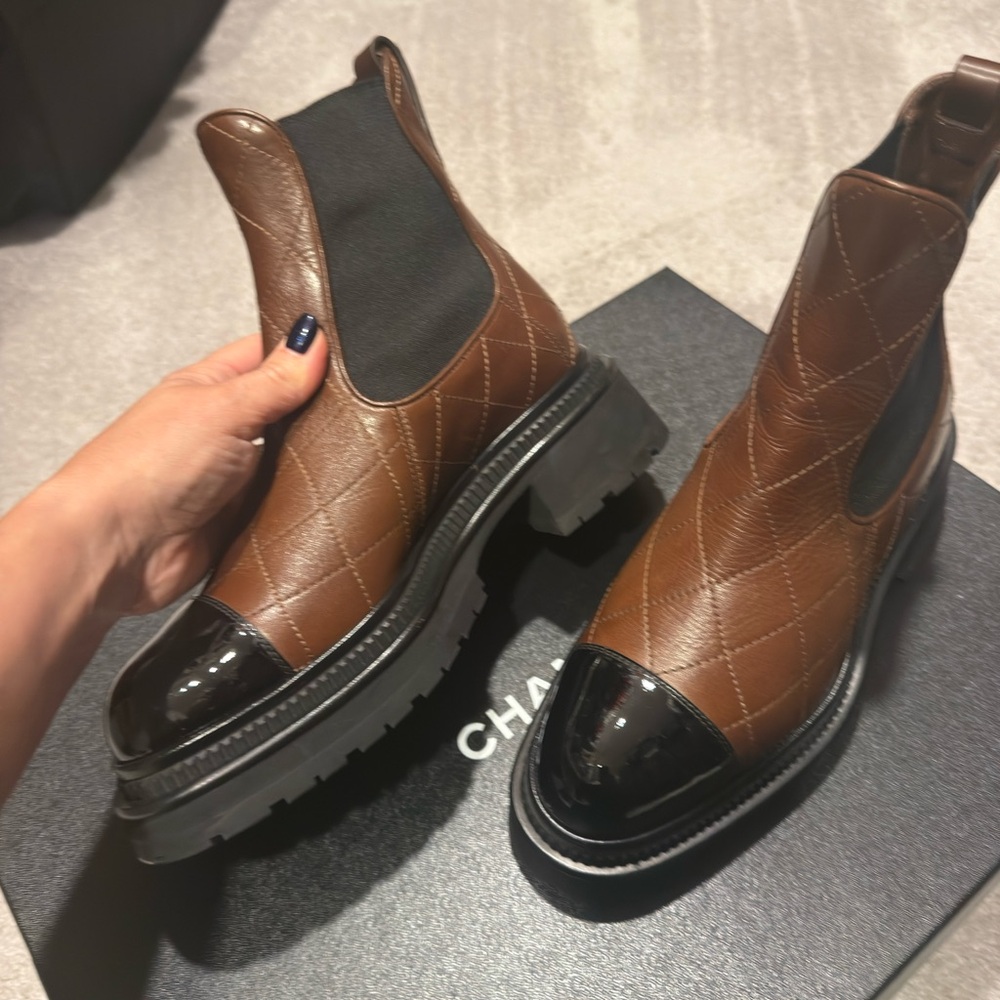 CHANEL Brown Quilted Leather Boots with Black Cap Toe